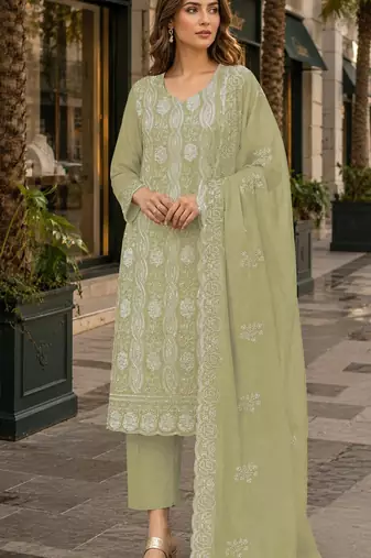 Green faux georgette semi stitched suit with embroidery & sequence work