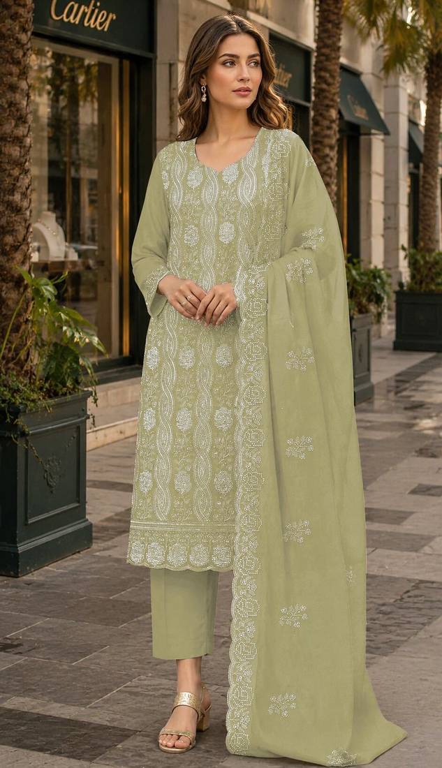 Green faux georgette semi stitched suit with embroidery & sequence work