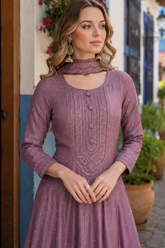 Onion pink embroidered vichitra silk free size stitched anarkali suit