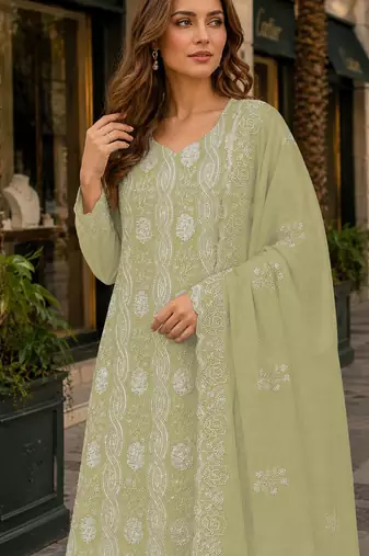 Green faux georgette semi stitched suit with embroidery & sequence work