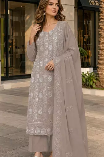 Chiku faux georgette semi stitched suit with embroidery & sequence work