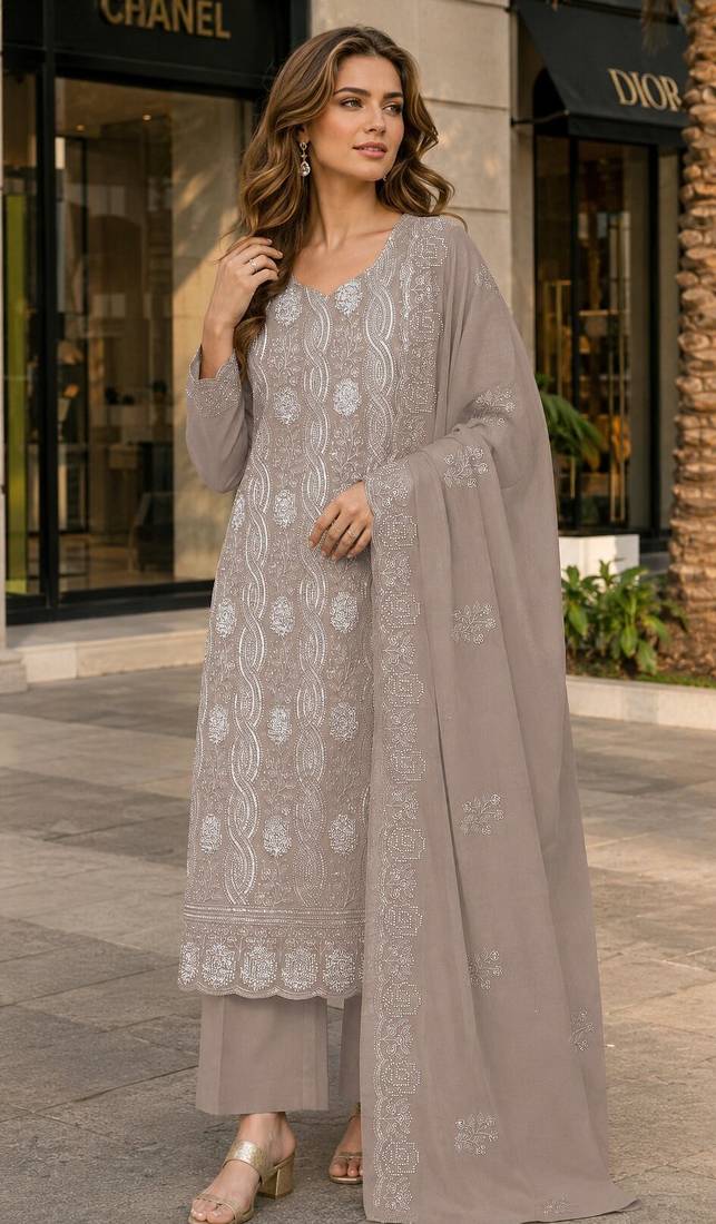 Chiku faux georgette semi stitched suit with embroidery & sequence work