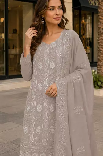 Chiku faux georgette semi stitched suit with embroidery & sequence work