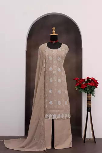 Chiku faux georgette semi stitched suit with embroidery & sequence work