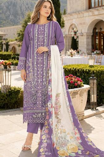 Purple cambric cotton semi stitched suit with embroidery & khatli work