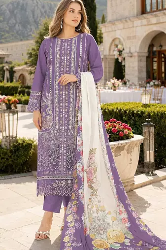 Purple cambric cotton semi stitched suit with embroidery & khatli work