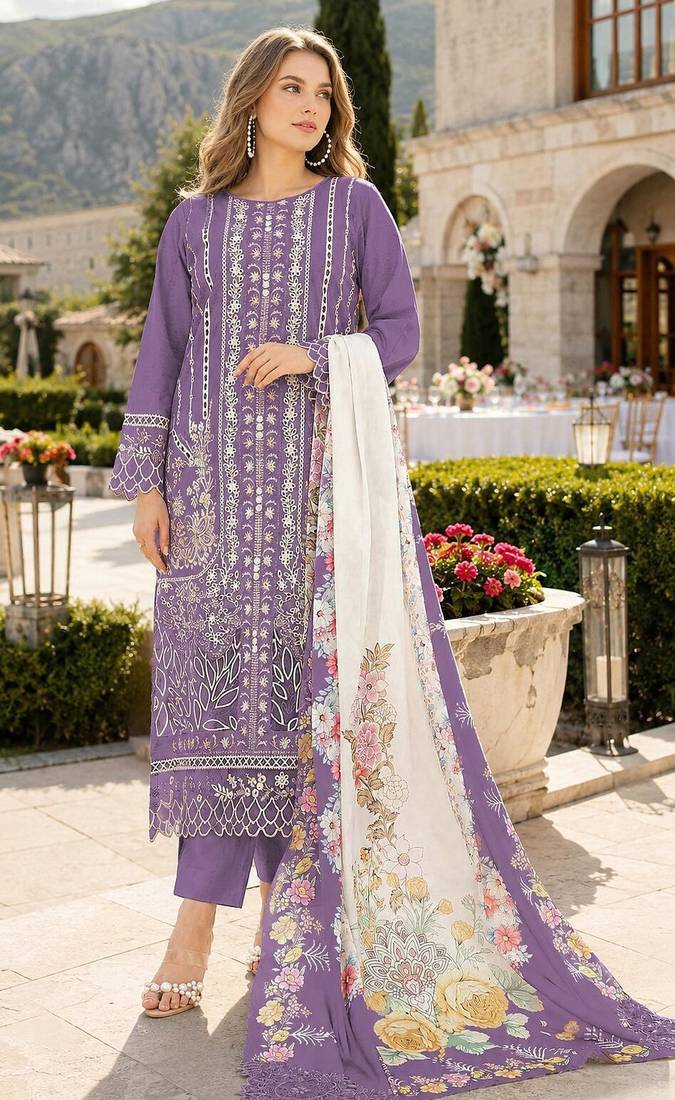 Purple cambric cotton semi stitched suit with embroidery & khatli work
