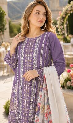 Purple cambric cotton suit with embroidery & khatli work 2