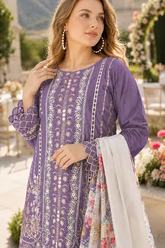 Purple cambric cotton semi stitched suit with embroidery & khatli work