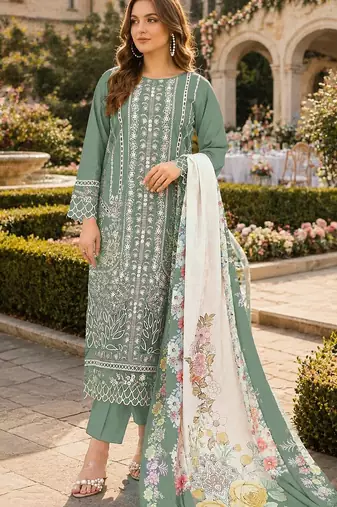 Sea green cambric cotton semi stitched suit with embroidery & khatli work