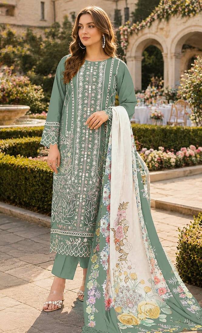 Sea green cambric cotton semi stitched suit with embroidery & khatli work