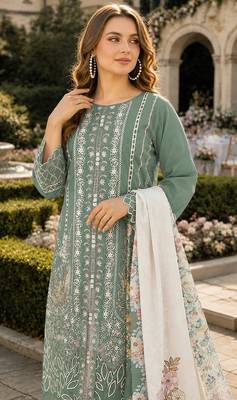 Sea green cambric cotton suit with embroidery & khatli work 2