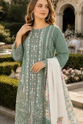 Sea green cambric cotton semi stitched suit with embroidery & khatli work