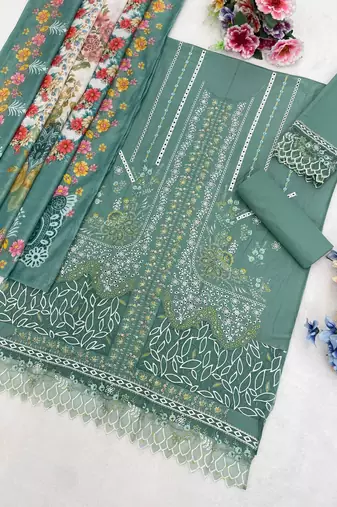 Sea green cambric cotton semi stitched suit with embroidery & khatli work