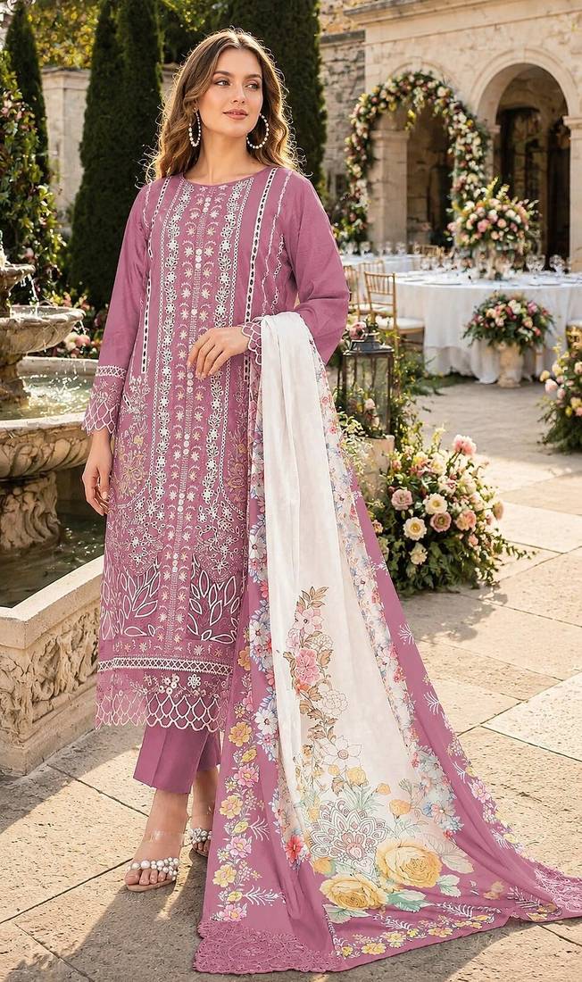 Pink cambric cotton semi stitched suit with embroidery & khatli work