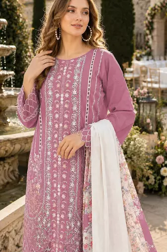 Pink cambric cotton semi stitched suit with embroidery & khatli work