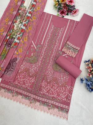 Pink cambric cotton suit with embroidery & khatli work 3