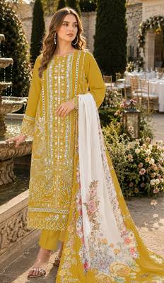 Yellow cambric cotton suit with embroidery & khatli work 1
