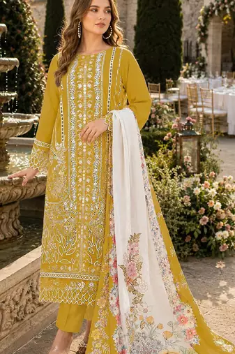 Yellow cambric cotton semi stitched suit with embroidery & khatli work