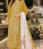 Yellow cambric cotton semi stitched suit with embroidery & khatli work