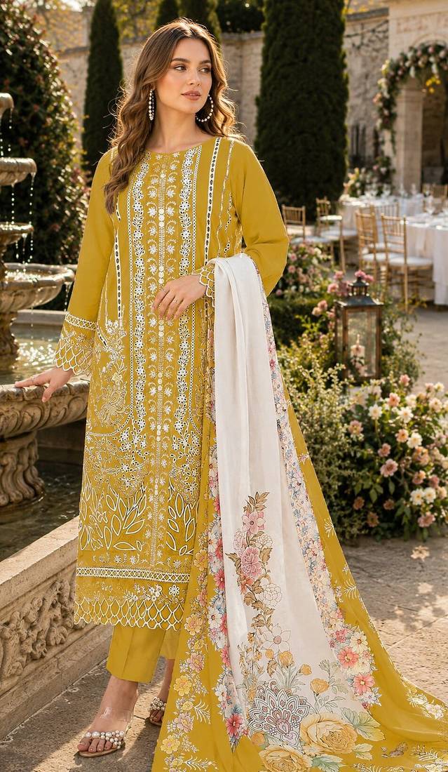 Yellow cambric cotton semi stitched suit with embroidery & khatli work