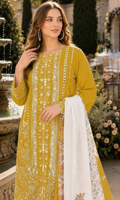 Yellow cambric cotton suit with embroidery & khatli work 2