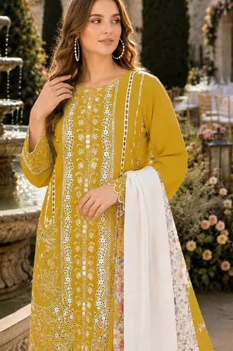 Yellow cambric cotton semi stitched suit with embroidery & khatli work