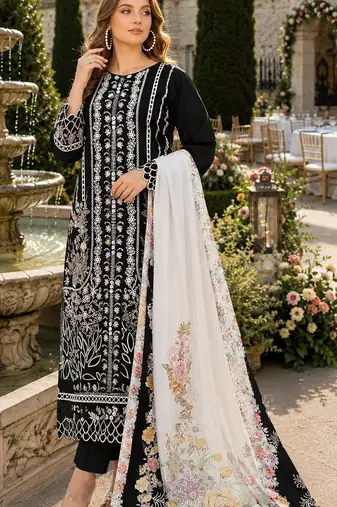 Black cambric cotton semi stitched suit with embroidery & khatli work