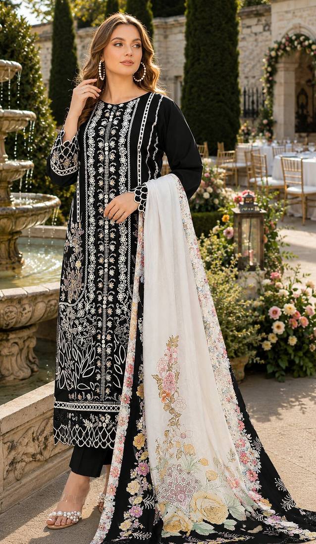 Black cambric cotton semi stitched suit with embroidery & khatli work
