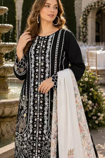 Black cambric cotton semi stitched suit with embroidery & khatli work