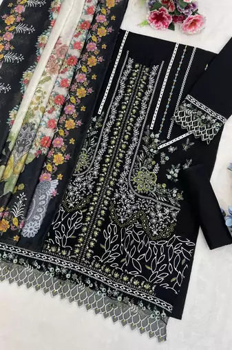 Black cambric cotton semi stitched suit with embroidery & khatli work