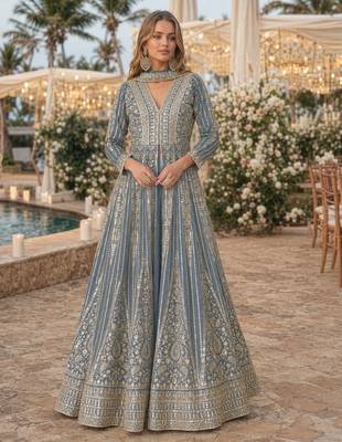 Grey chinon free size stitched anarkali suits with embroidery & sequin work 1
