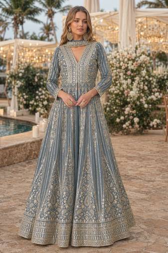 Grey chinon free size stitched anarkali suits with embroidery & sequence work