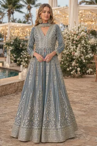Grey chinon free size stitched anarkali suits with embroidery & sequence work