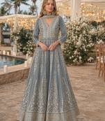 Grey chinon free size stitched anarkali suits with embroidery & sequence work