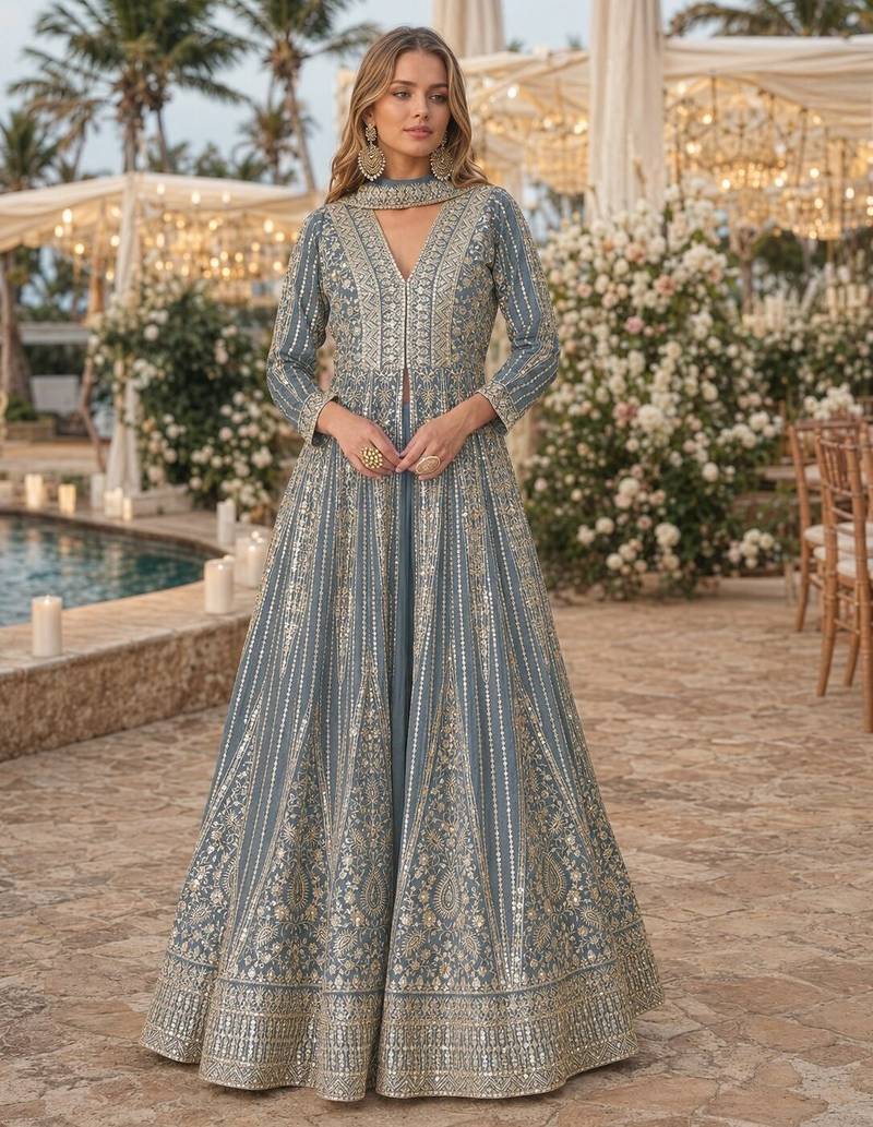 Grey chinon free size stitched anarkali suits with embroidery & sequence work