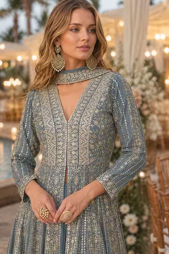 Grey chinon free size stitched anarkali suits with embroidery & sequence work