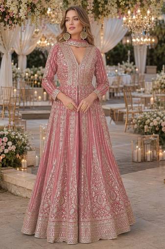 Peach chinon free size stitched anarkali suits with embroidery & sequence work