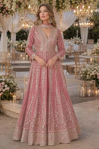 Peach chinon free size stitched anarkali suits with embroidery & sequence work