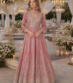 Peach chinon free size stitched anarkali suits with embroidery & sequence work