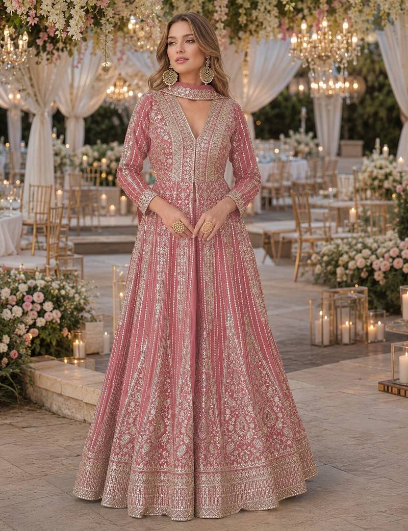 Peach chinon free size stitched anarkali suits with embroidery & sequence work