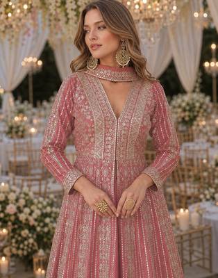 Peach chinon free size stitched anarkali suits with embroidery & sequin work 2