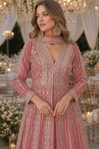 Peach chinon free size stitched anarkali suits with embroidery & sequence work
