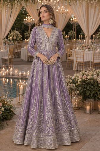 Lavender chinon free size stitched anarkali suits with embroidery & sequence work