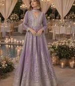 Lavender chinon free size stitched anarkali suits with embroidery & sequence work