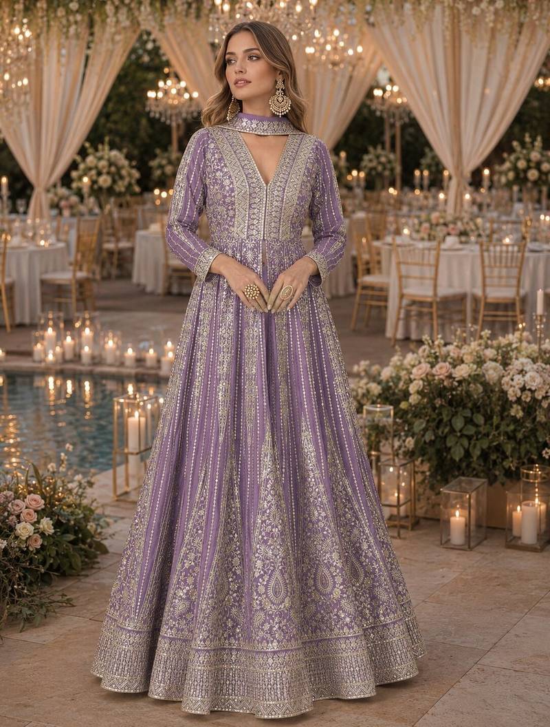 Lavender chinon free size stitched anarkali suits with embroidery & sequence work