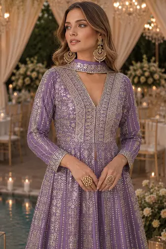 Lavender chinon free size stitched anarkali suits with embroidery & sequence work
