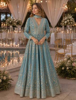 Blue chinon free size stitched anarkali suits with embroidery & sequin work 1
