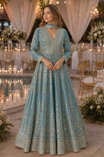 Blue chinon free size stitched anarkali suits with embroidery & sequence work