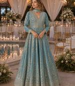 Blue chinon free size stitched anarkali suits with embroidery & sequence work